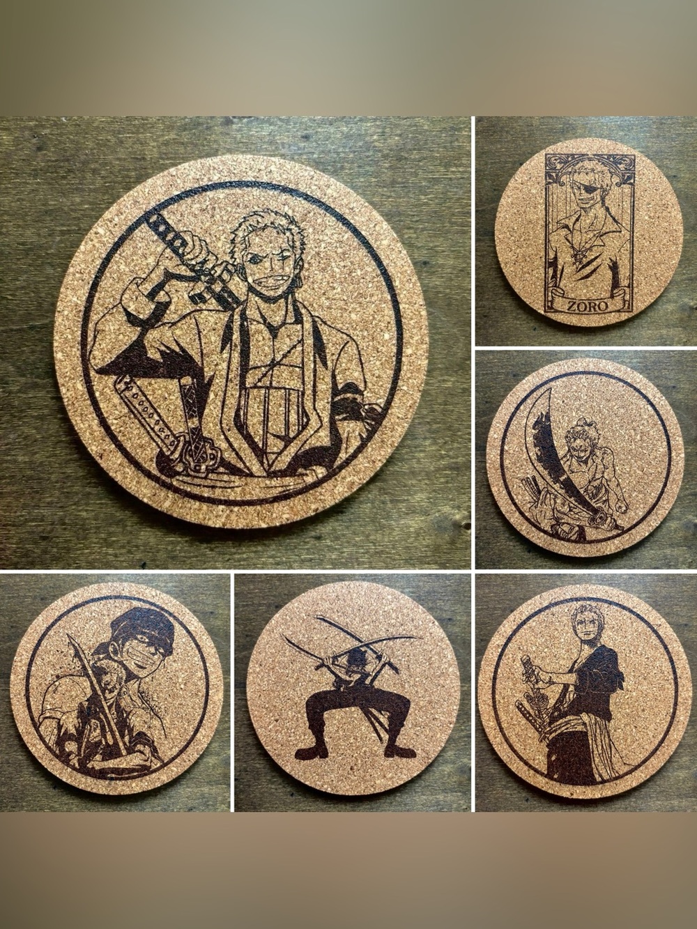 One Piece Zoro Laser Engraved Cork Coasters Lot of 6